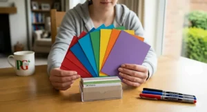 Close-up of a stack of fanned-out, multi-coloured blank A5 revision flashcards.