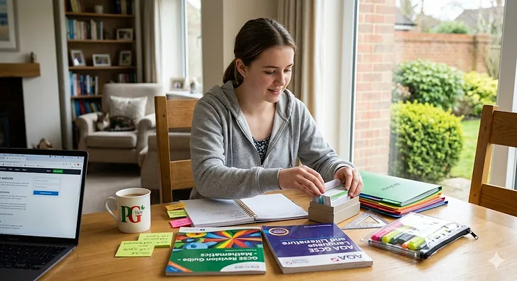A organised flatlay of a GCSE revision starter pack including highlighters, revision guides, and a study planner. GCSE revision starter pack