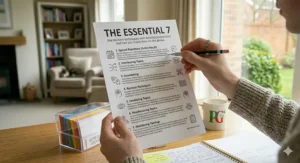 Close-up of a printed summary page titled 'The Essential 7' outlining key revision techniques.
