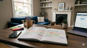 A highly detailed close-up photograph of a teenager's organised desk, focusing on a colour-coded weekly revision timetable for GCSE exams within an open planner. Highlighters, pens, and a laptop surround the planner in soft natural daylight.