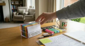 Close-up of a student closing the lid on a complete GCSE study kit storage box containing multi-coloured cards.