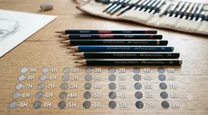 A grading chart demonstrating the graphite scale from hard light pencils to soft dark sketching pencils, ranging from 9H to 9B.