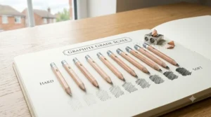 Diagram showing the graphite pencil grade scale ranging from hard 9H to soft 9B, illustrating how pencil leads vary from light and hard to dark and soft.