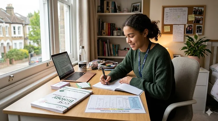 A student sitting at a tidy desk with a structured revision timetable, textbooks, and stationery, focusing on effective GCSE study planning. how to organise GCSE revision effectively
