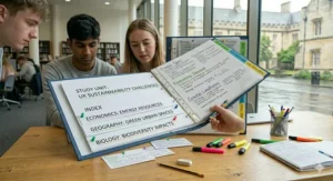 A student utilising local library resources to access free revision materials.