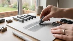 A close-up, high-definition photograph of an artist's hand using a shaped putty rubber to lift and erase specific areas of dense graphite shading on textured paper, revealing clean, bright highlights. A range of graphite sticks is visible in the soft-focus background.