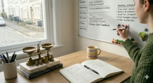 A magnetic whiteboard displaying revision notes and schedules, keeping small bedroom surfaces clear of clutter.