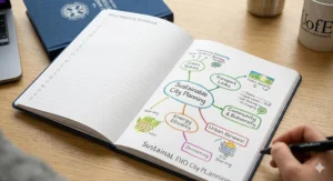 A student using a high-quality mind-mapping notebook to organise study notes and revision topics for university exams.