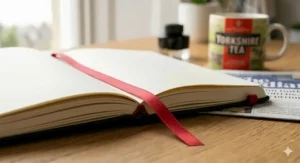 Close-up shot showing the coordinating red ribbon bookmark inside an open Moleskine academic diary.