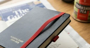 Close-up of the signature elastic closure band on a Moleskine academic diary.