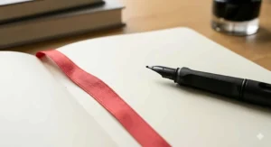 High-quality acid-free ivory paper pages of a Moleskine academic diary, with a fountain pen resting on the page.
