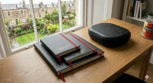 Side-by-side scale comparison showing the portability of different sized Moleskine academic diaries stacked on a desk.