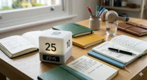 A set of colourful cube timers displayed on a tidy desk, demonstrating their use for desk organisation and managing different academic tasks. cube timer for focused studying