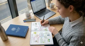A student organising university coursework and lecture notes using a systematic mind-mapping notebook.