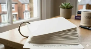 A set of plain white blank A6 flashcards with a metal ring, showing the easy-to-use binder mechanism.