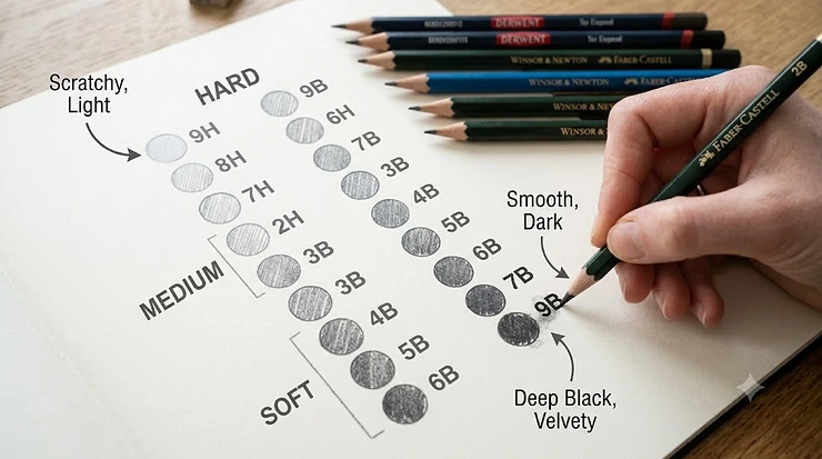 Swatch comparison showing the difference in stroke darkness and thickness between hard and soft sketching pencils on cartridge paper. best sketching pencils