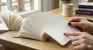 Blank A6 flashcards with a ring, fanned out to demonstrate the high-quality card surface for writing.