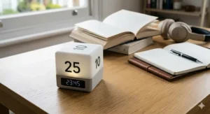 The minimalist cube timer showing a subtle glow on the active '25 minute' face during a period of focussed studying.