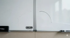 Close-up showing ink erasability differences between porcelain and melamine surfaces.