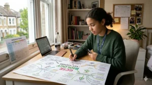 A desk setup featuring a water bottle, a bowl of fresh fruit, and a notepad, showing the importance of healthy habits during revision.