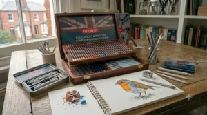 An open metal storage tin displaying a professional artist pencil set sorted by tone and hue.