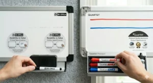 Comparison of product specifications for Quartet and Bi-Office whiteboards.