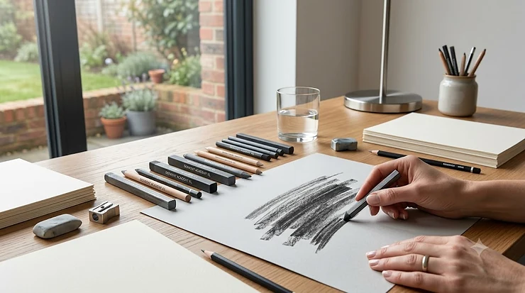 Close-up of an artist’s hand using a large graphite stick to create expressive strokes on paper in a modern, naturally lit British art studio graphite sticks for drawing
