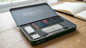 A premium metal tin containing a complete set of artist-grade sketching pencils, blending stumps, and a putty rubber.