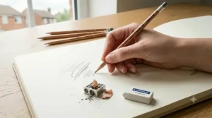 Artist demonstrating the overhand pencil grip for loose sketching versus the traditional tripod grip for detailed drawing.