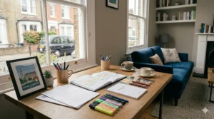 A photorealistic photograph of a tranquil, organised study corner in a modern London terraced house. Diffused natural light illuminates a desk positioned by a large sash window, which overlooks a residential street with a black taxi.