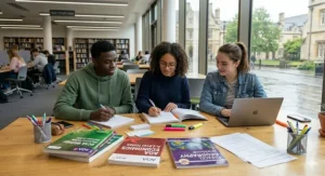 Selection of budget-friendly revision guides and colourful stationery on a wooden desk.