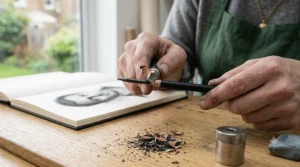 Manual sharpening of a charcoal pencil using a craft knife to expose a long, tapered lead for expressive drawing.