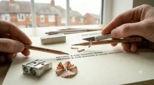 An artist using a craft knife to sharpen a graphite drawing pencil, revealing a long lead point for sketching.