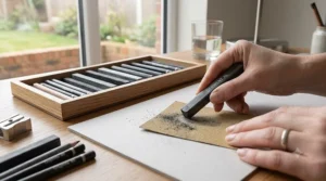 A close-up, natural light 4K photograph of an artist's hand with a wedding ring actively sharpening a square solid graphite stick using a sandpaper block on a textured paper surface. Next to the action, a range of clean graphite sticks (Derwent XL, Cretacolor) are neatly stored in a wooden tray, with a metal sharpener nearby. Soft daylight from a window illuminates the workspace.