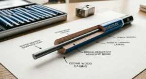 Close-up diagram of a Staedtler drawing pencil showing the break-resistant, super-bonded lead core ideal for detailed British art projects.