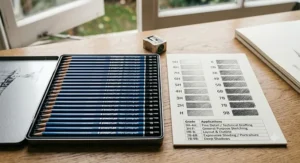 A comprehensive grading chart for Staedtler drawing pencils, showcasing the spectrum from hard 9H to soft 9B graphite for precise shading and sketching.