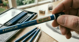 PEFC-certified wood symbol on Staedtler drawing pencils, highlighting sustainable and responsibly managed forestry for eco-conscious UK creators.