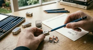 Correct sharpening technique for Staedtler drawing pencils using a high-quality metal sharpener to preserve the graphite point.