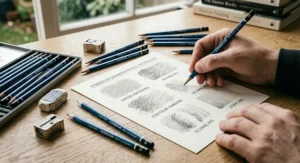 Various shading techniques demonstrated using Staedtler drawing pencils, including hatching, cross-hatching, and blending for artistic depth.