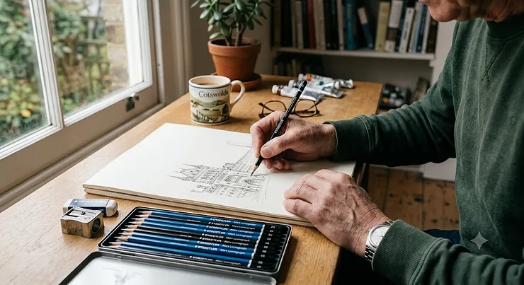 Staedtler drawing pencils set on a sketchpad, representing the ideal choice for UK artists and illustrators seeking precision and quality. Staedtler drawing pencils
