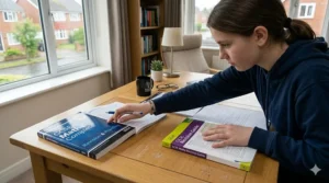 A student at a desk deciding between CGP and Letts revision books for their upcoming exams.