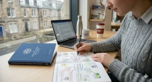 A student creating colourful mind maps in a dedicated notebook to improve information retention.