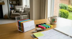 Tidy study space with highlighters, pencil, eraser, a clear flashcard box, and a 'PG Tips' mug.