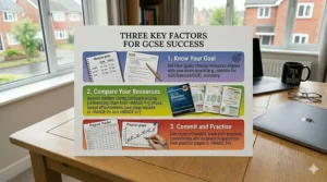 An infographic illustrating three key factors for choosing the right revision guide for GCSE success.