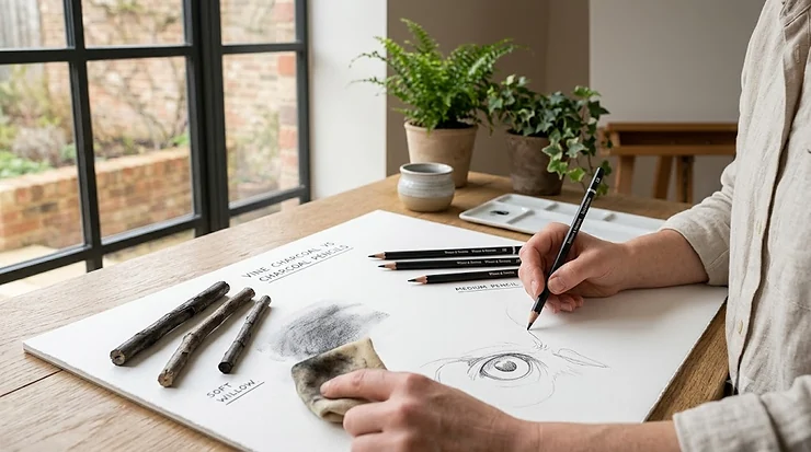Comparison of vine charcoal vs charcoal pencils on artist's paper, illustrating the differences between soft, blendable sticks and detailed, compressed pencils for sketching. vine charcoal vs charcoal pencils