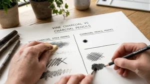 Artist's hand blending vine charcoal on cartridge paper to show its smooth gradients, contrasting with the finer blending of charcoal pencils.