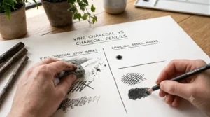 A kneaded putty rubber lifting vine charcoal from a sketch to show easy erasability, alongside a firmer mark made by a charcoal pencil.