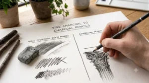 Demonstrating how vine charcoal lays down a light base layer, while charcoal pencils are used on top for deep darks and crisp accents.