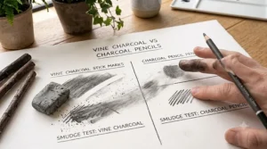 Comparing the smudging behaviour of vine charcoal and compressed charcoal pencils on fine art paper to help artists manage mess and smearing.