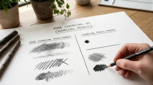 Side-by-side swatches showing the soft, dusty texture of vine charcoal compared to the dark, crisp lines of charcoal pencils.